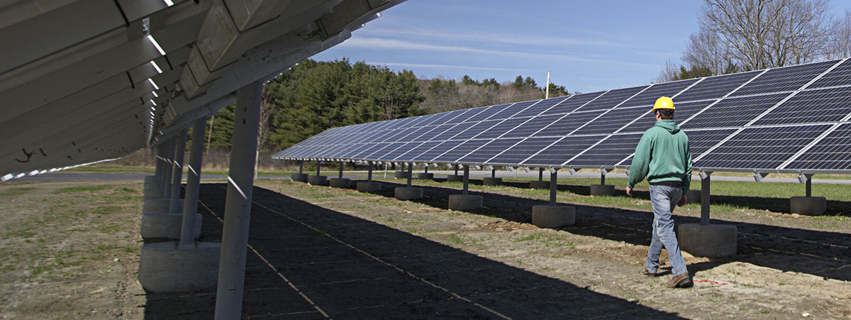 Man in hard had walking near solar panels