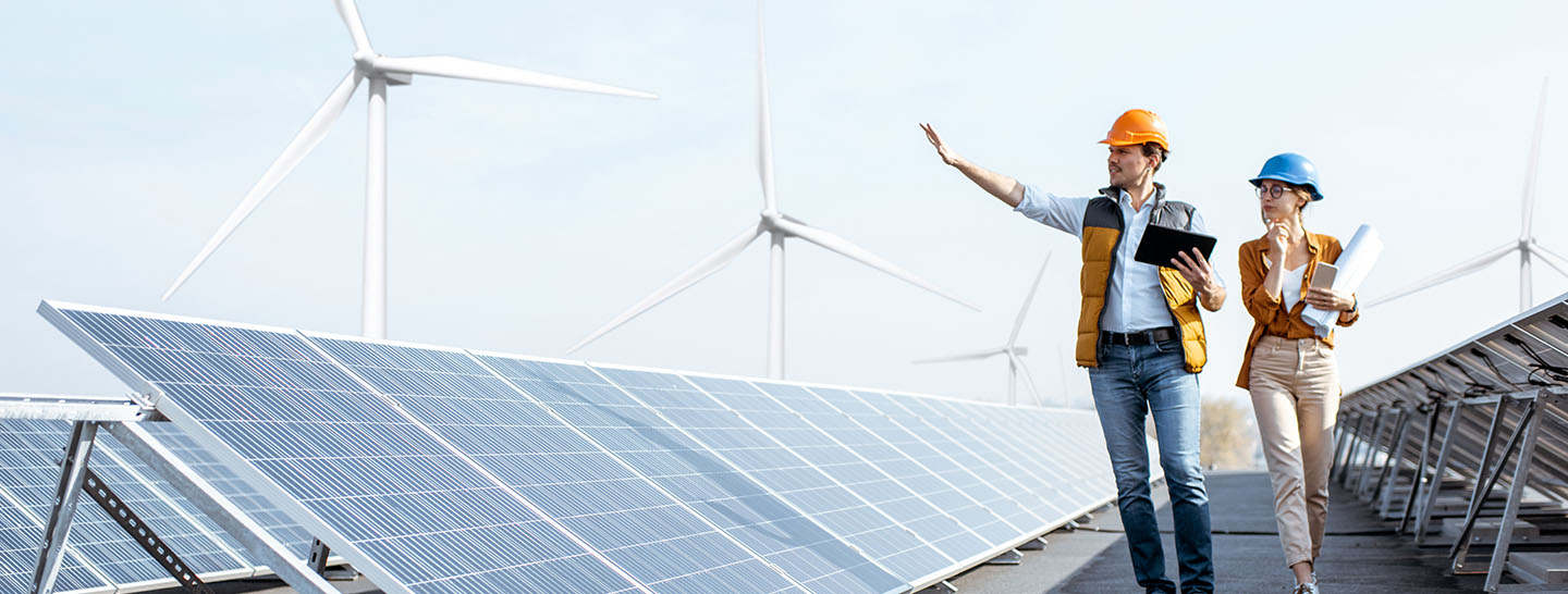 People walking near solar panels